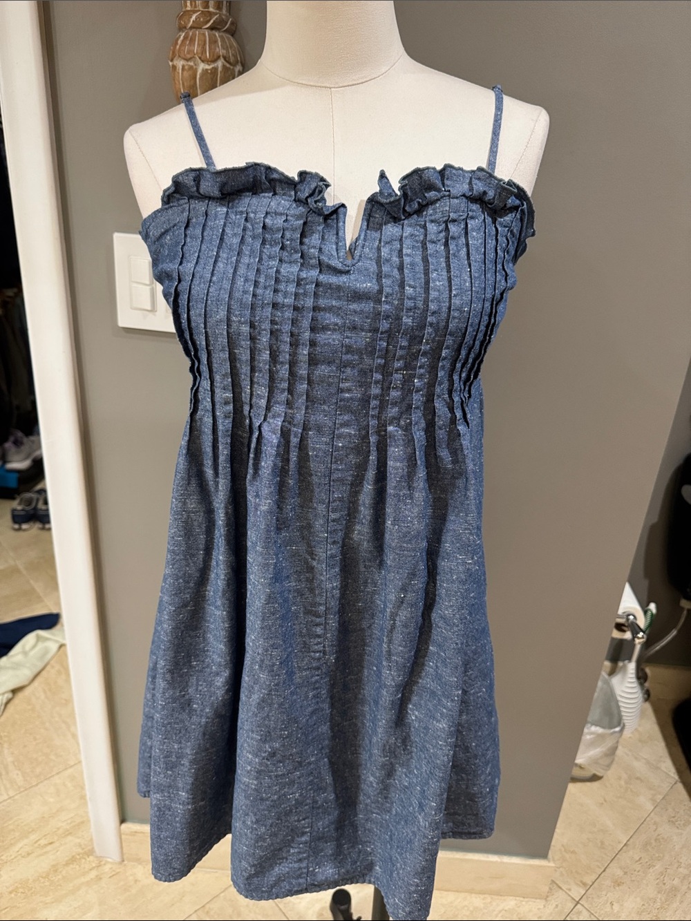 Madewell Blue Chambray Mini Dress with Pintuck Bodice
